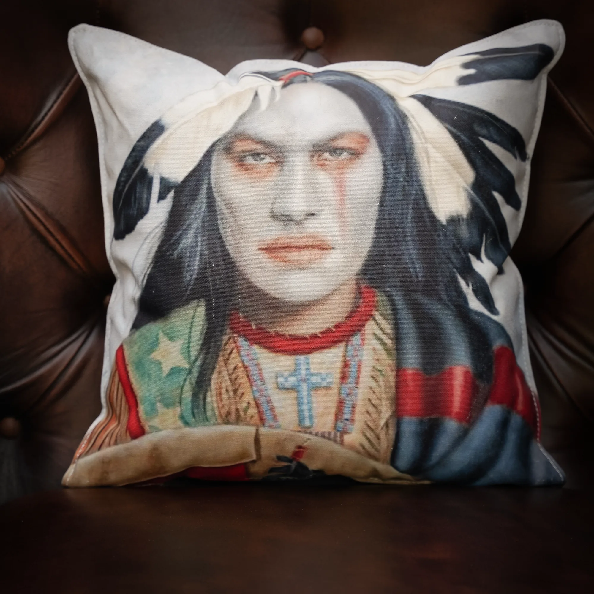 The Chief — Vintage Native American Portrait Printed Cushion, 19th Century Chromolithograph Style