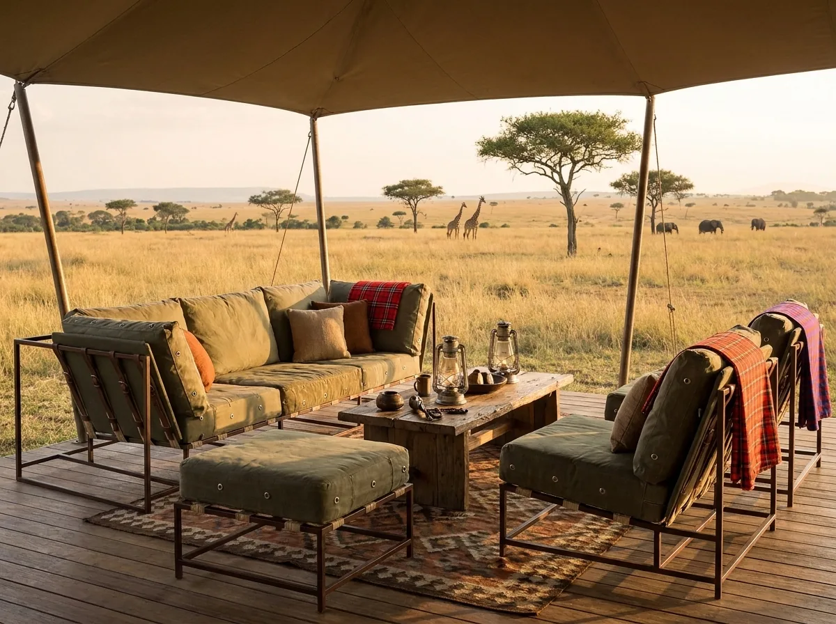 Safari Lounge Set in Military Canvas & Mild Steel — Three-Seat Sofa, Two Lounge Chairs & Ottoman