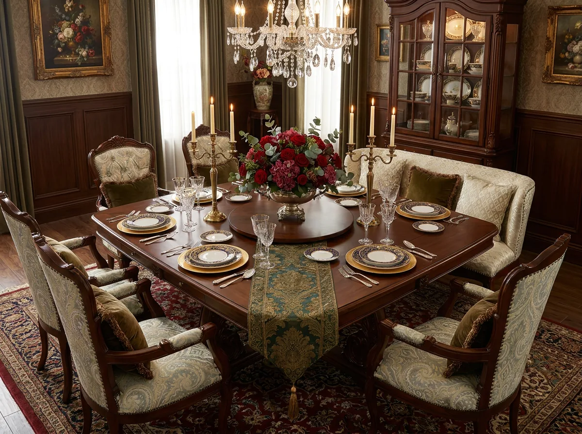 Eight-Seater Carved Teak Dining Set with Rotating Centre — Table, Six Chairs and Settee