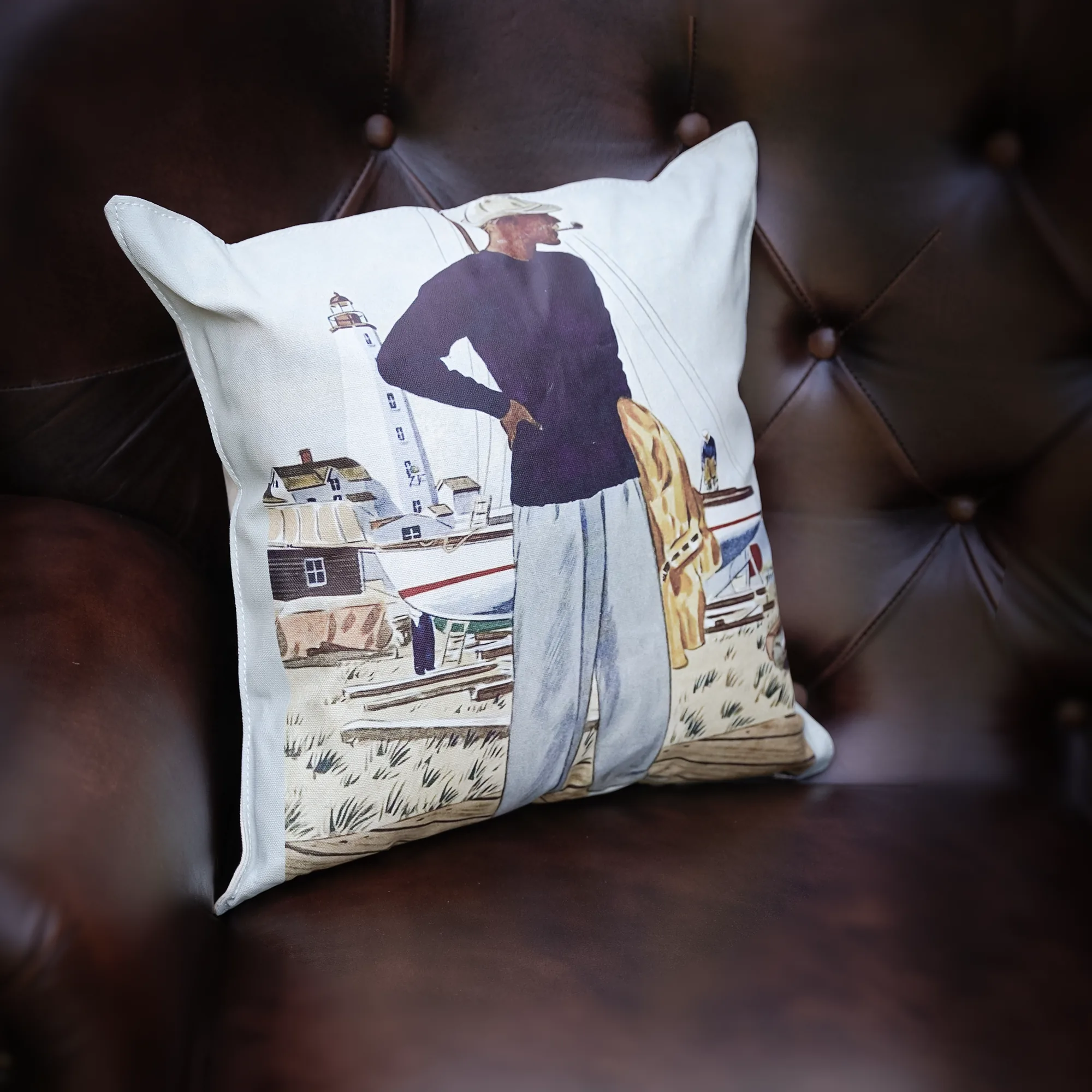 The Harbour Man — Vintage Nautical Illustration Printed Cushion, New England Maritime Style
