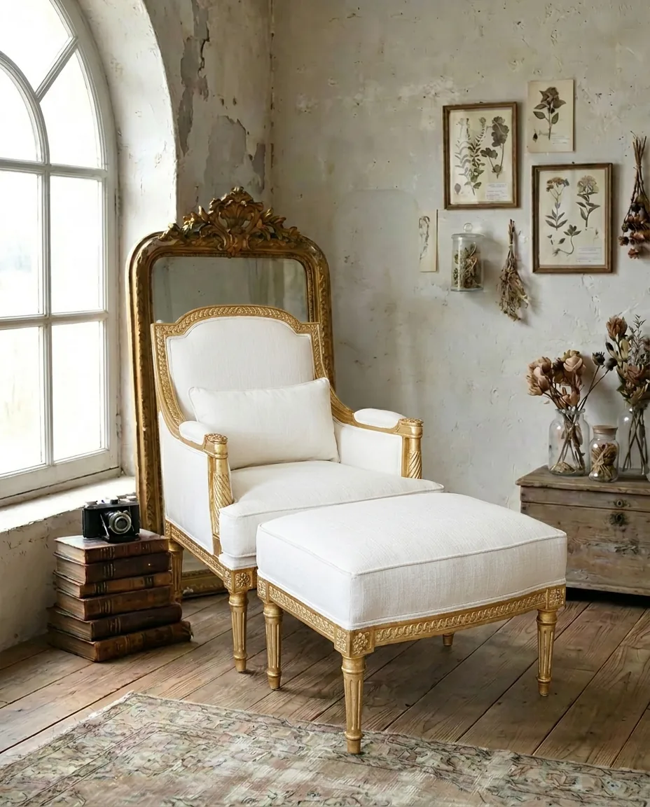 Louis XVI Bergère & Ottoman in Solid Teak, Hand-Applied Gold Leaf, Ivory Linen Upholstery