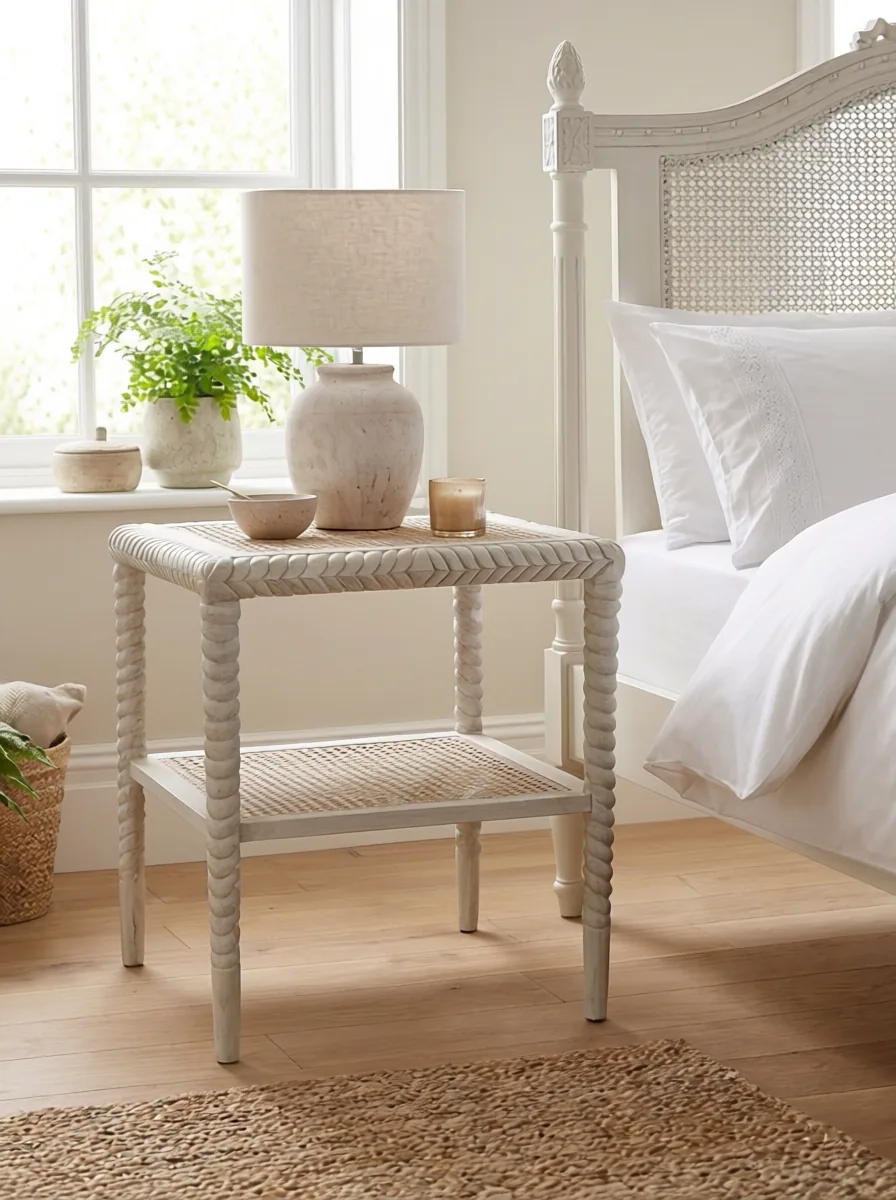 The Chambre Side Table — Solid Teak Bobbin-Turned Cane Two-Tier Accent & Bedside Table, Chalk White, Jodhpur Craft