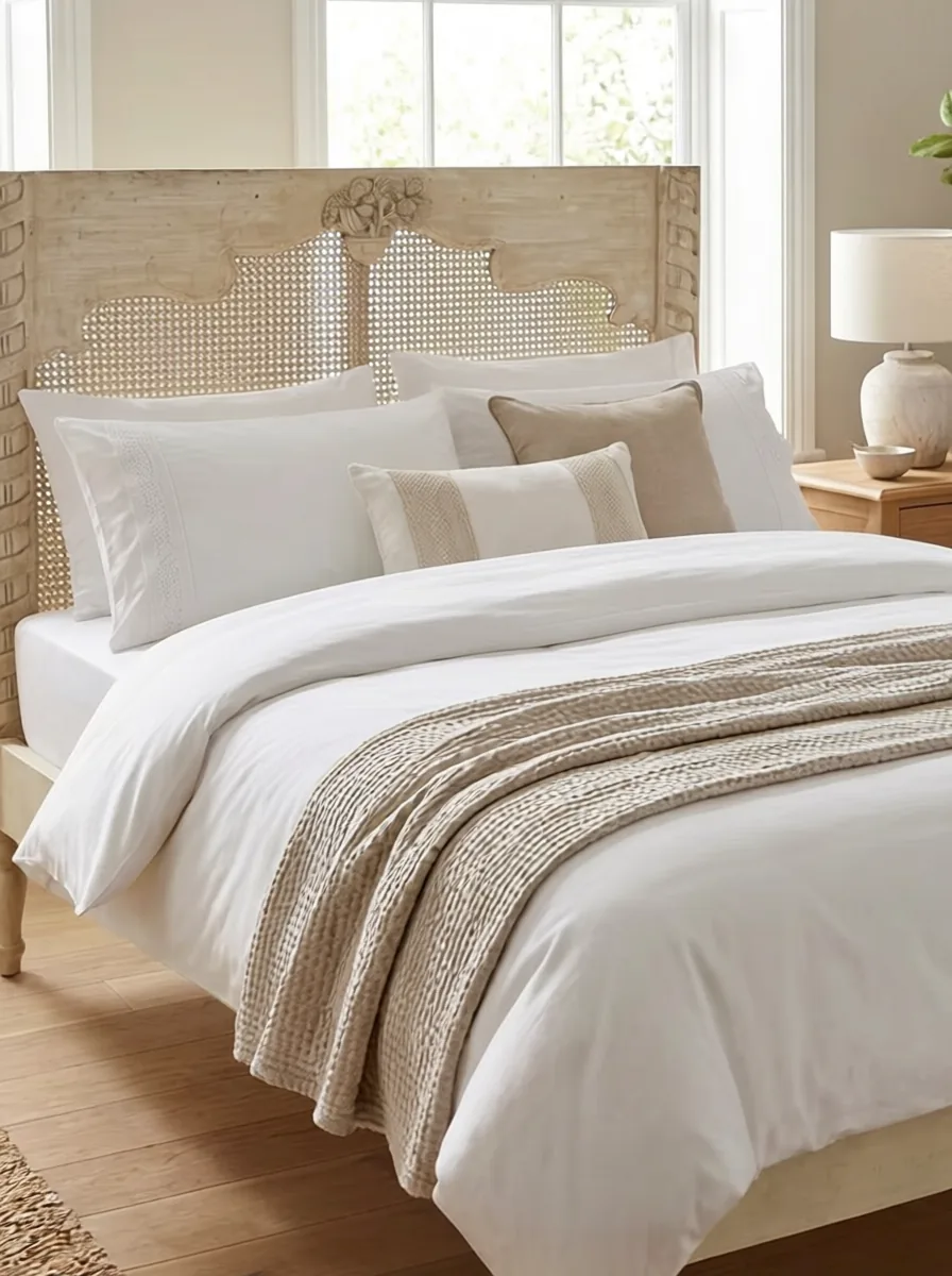 The Normandie Bed — Solid Distressed Teak French Country Wide Cane Headboard Bed