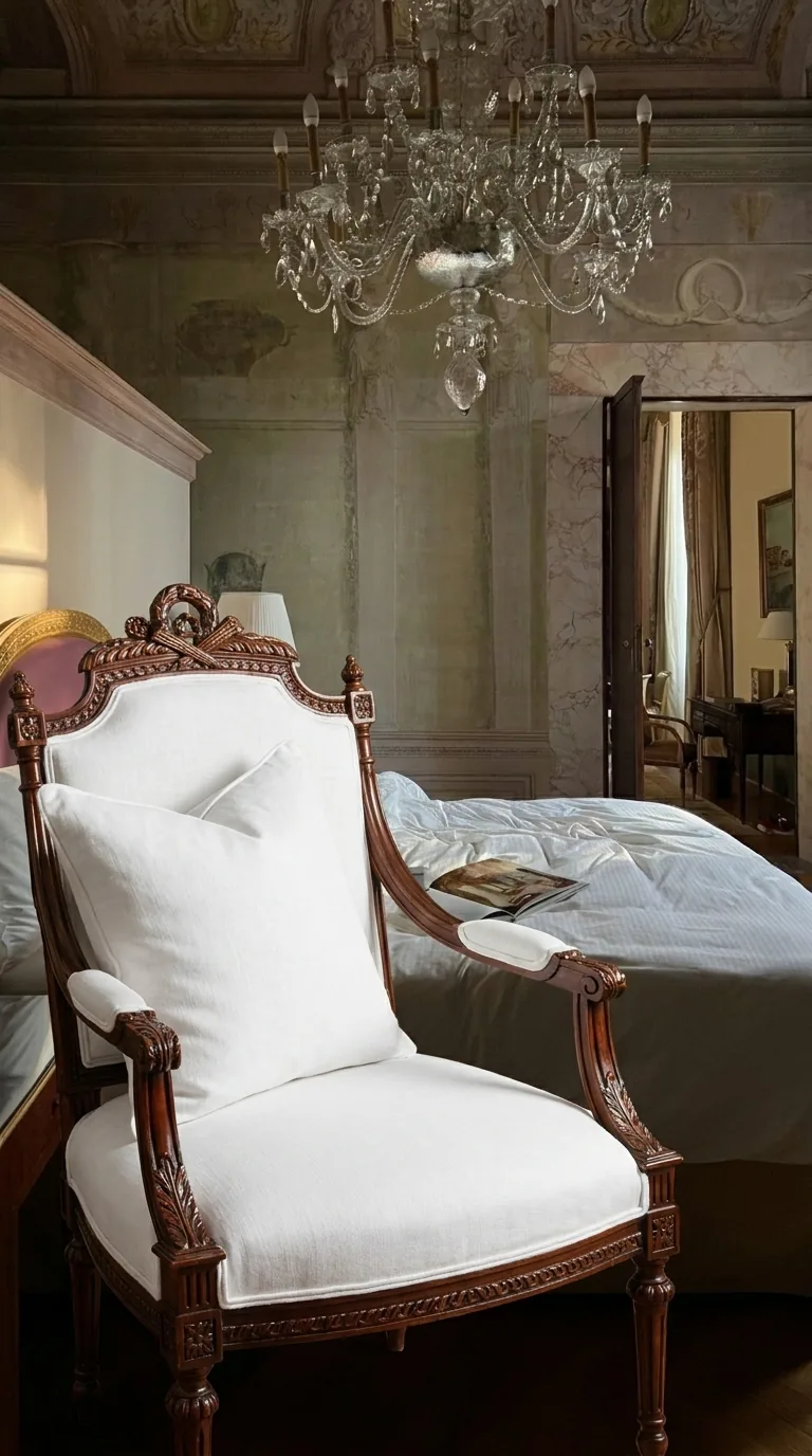 Carved Fauteuil à la Reine in Solid Teak — Laurel Wreath Crest, White Linen, Louis XVI Manner