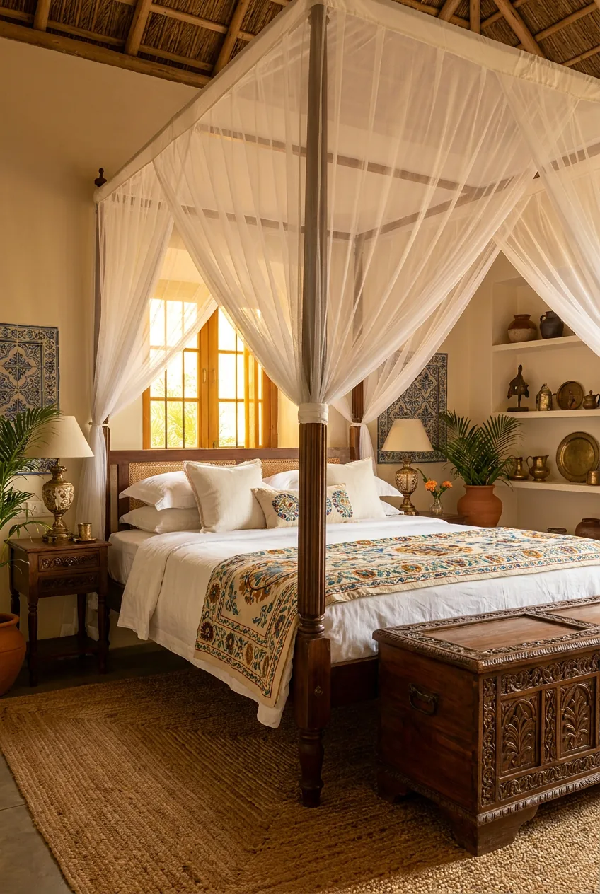 Colonial-Style Four-Poster Canopy Bed in Solid Teak with Reeded Posts and Cane-Panel Headboard