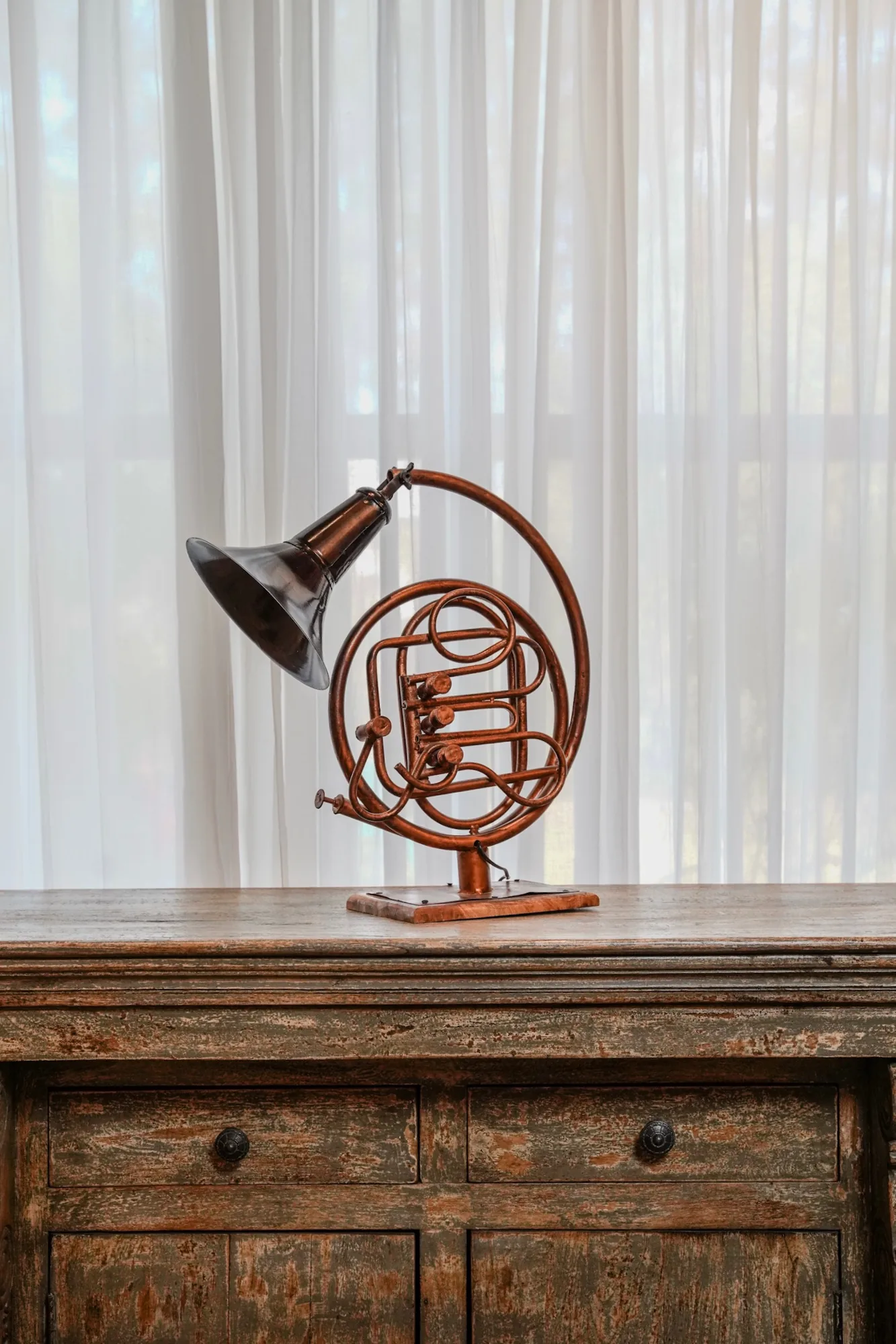 Industrial French Horn Table Sculpture in Antiqued Copper Finish