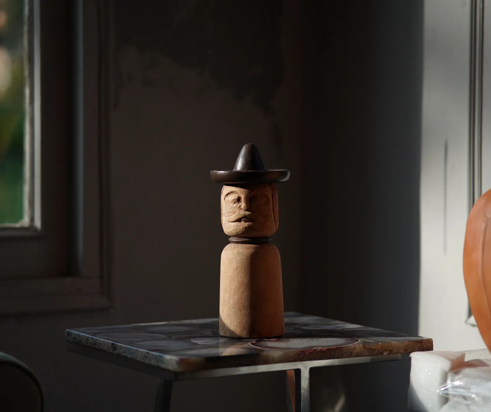 The Watchman — Hand-Carved Folk Art Wooden Figure, Two-Tone Hardwood, Primitive Expressionist Style
