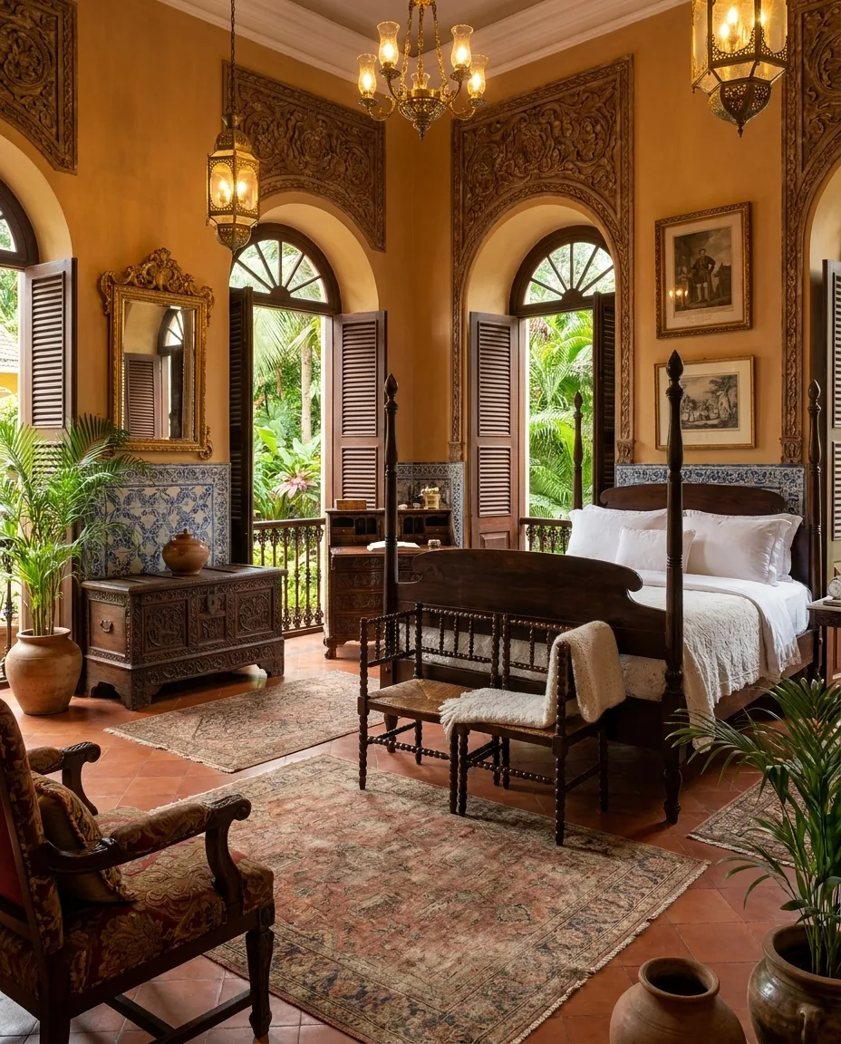 Goan-Style Four-Poster Bed in Solid Teak with Turned Posts and Scrolled Plank Headboard