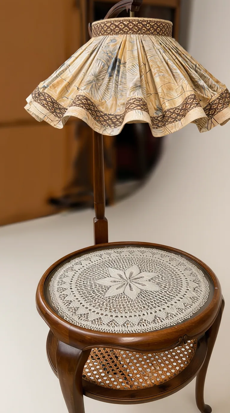 The Atelier Stand — Solid Teak Art Nouveau Floor Lamp & Two-Tier Accent Table, 7-Foot, Fabric Shade, Jodhpur Craft