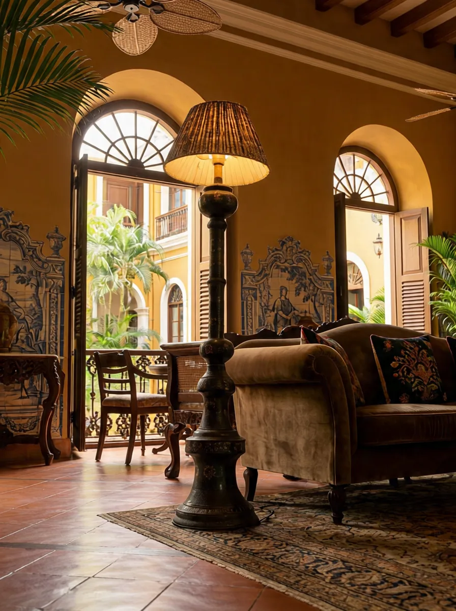 Hand-Turned Hardwood Floor Lamp with Aged Polychrome Finish, South Indian Tradition