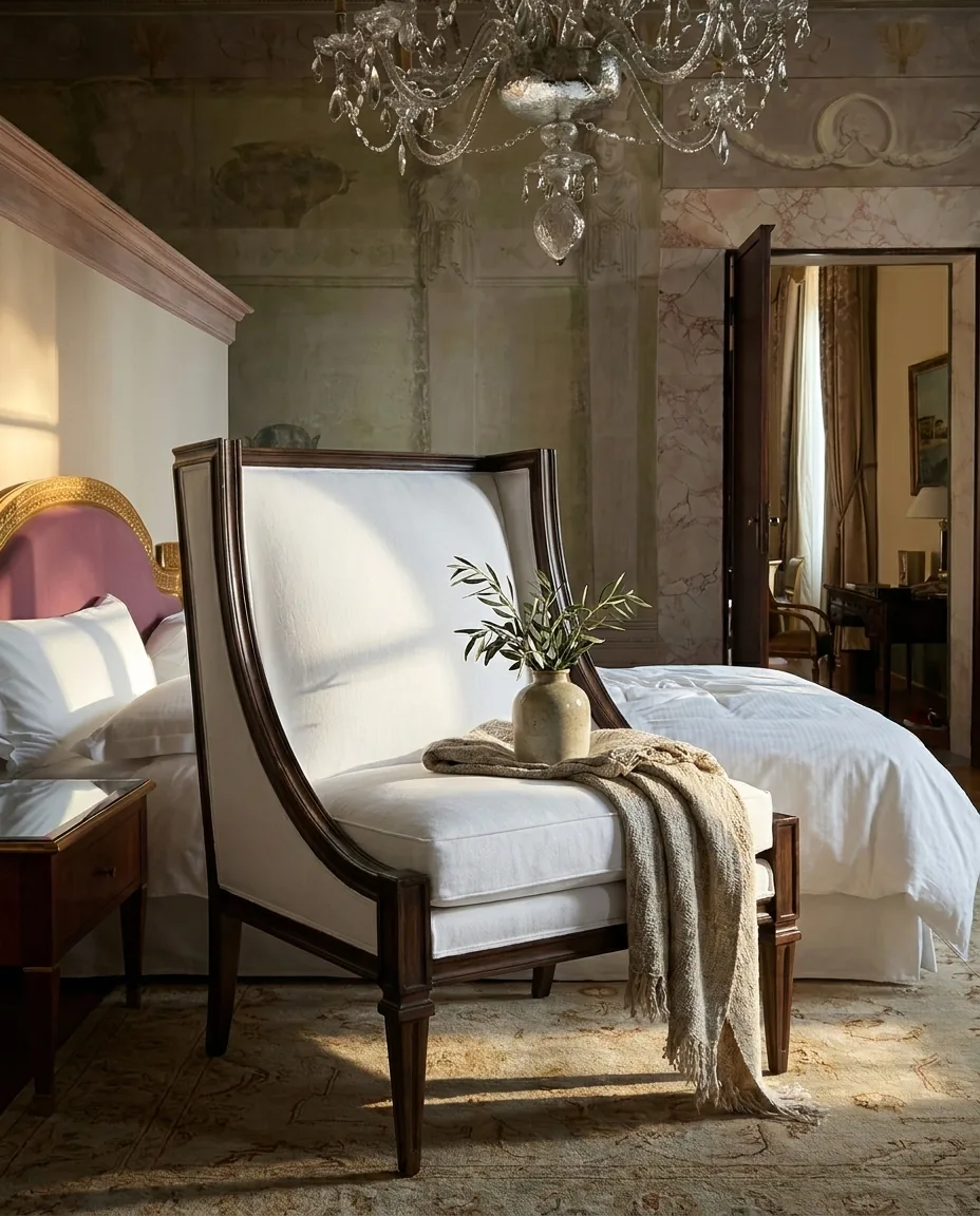 Tall Wrap-Back Salon Chair in Solid Teak & White Linen — Modern Neoclassical