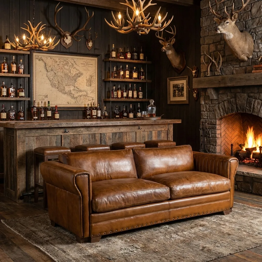 Three-Seat Sofa in Full-Grain Vintage Wax Leather — Channel-Fluted Arms & Bronze Nailheads