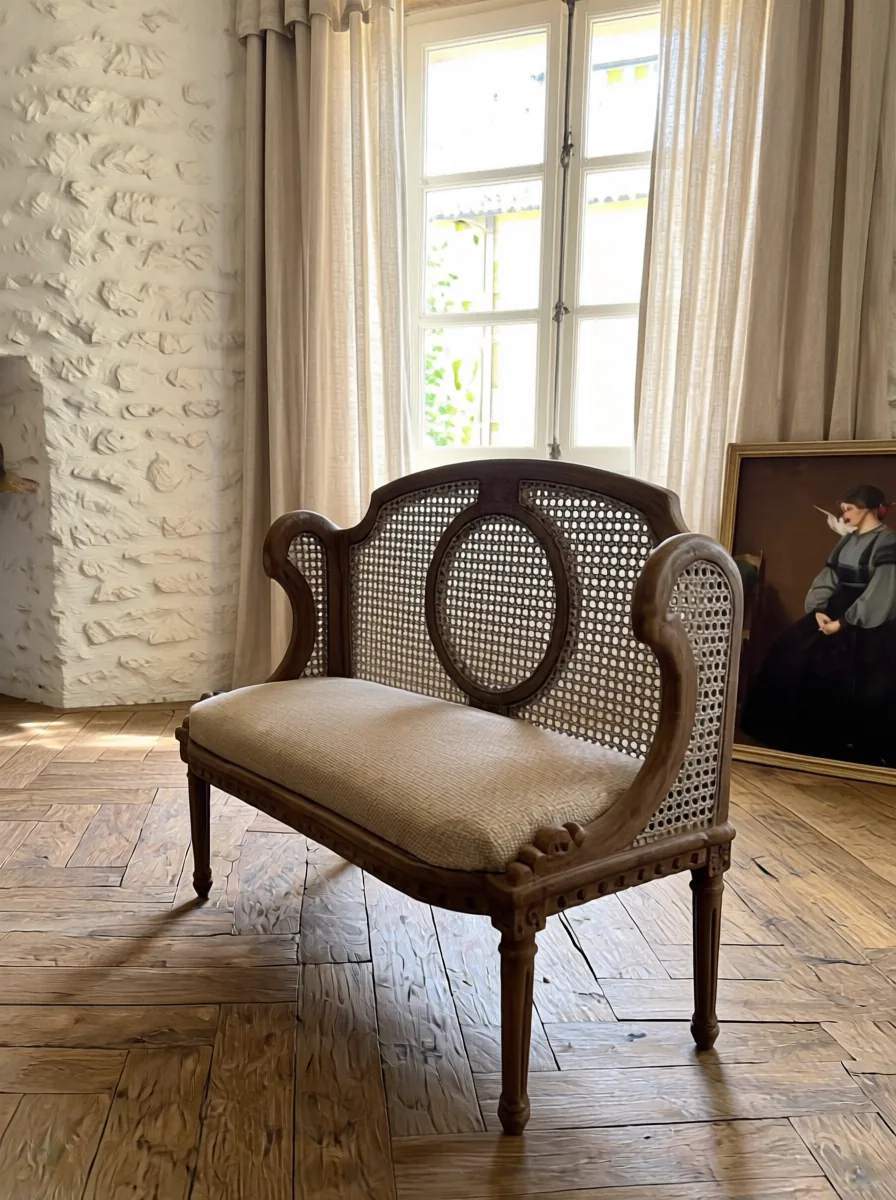 Two-Seat Caned Settee in Solid Teak, Oval Medallion Back & Linen-Jute Seat — Louis XVI Manner