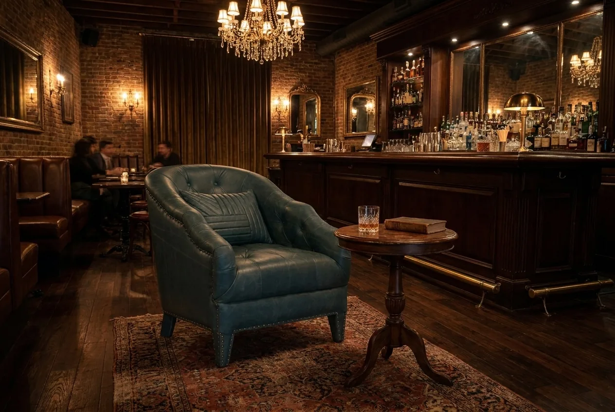 Buttoned Barrel Chair in Petrol-Blue Full-Grain Leather — Bronze Nailheads & Channel-Stitched Pillow