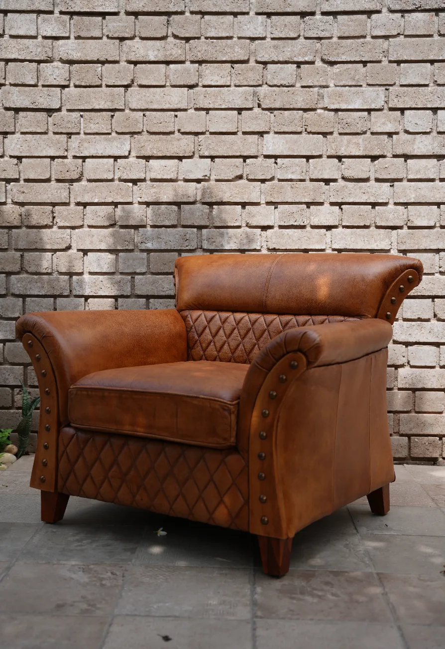 The Colonel's Chair — Distressed Tan Leather Club Armchair, Diamond-Quilted & Studded, Jodhpur Craft