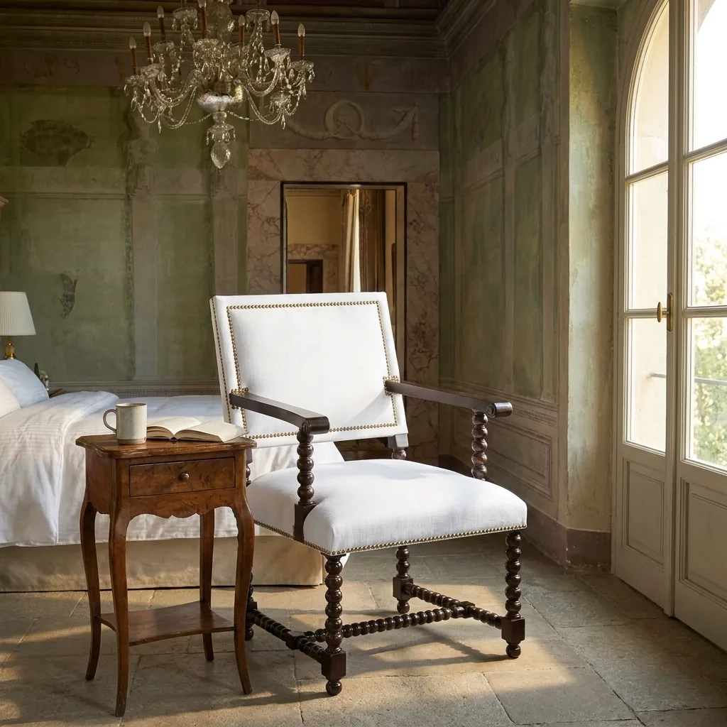 Bobbin-Turned Armchair in Solid Teak, White Linen with Double Brass Nailhead Trim — Louis XIII Manner