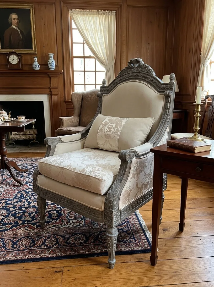 The Bibliothèque Bergère — Antique French Louis XVI Carved Bergère Armchair, Damask Upholstery, circa 1880s
