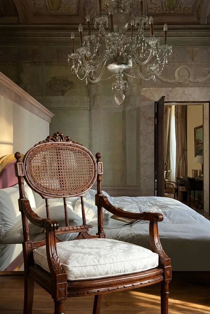 Caned Oval Medallion Armchair in Solid Teak — Ribbon Crest, Spindle Gallery & White Damask Cushion
